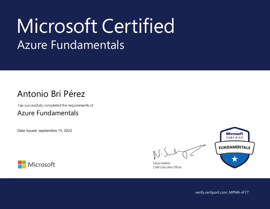Certificate for AZ-900: Microsoft Azure Fundamentals